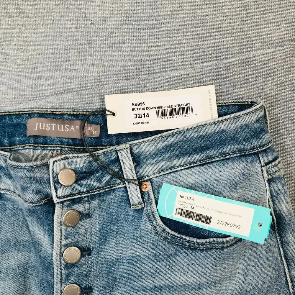 Just USA 32/14 Blue Jeans Carol High Rise Button Fly Cropped Slim Straight NWT L - Picture 4 of 10